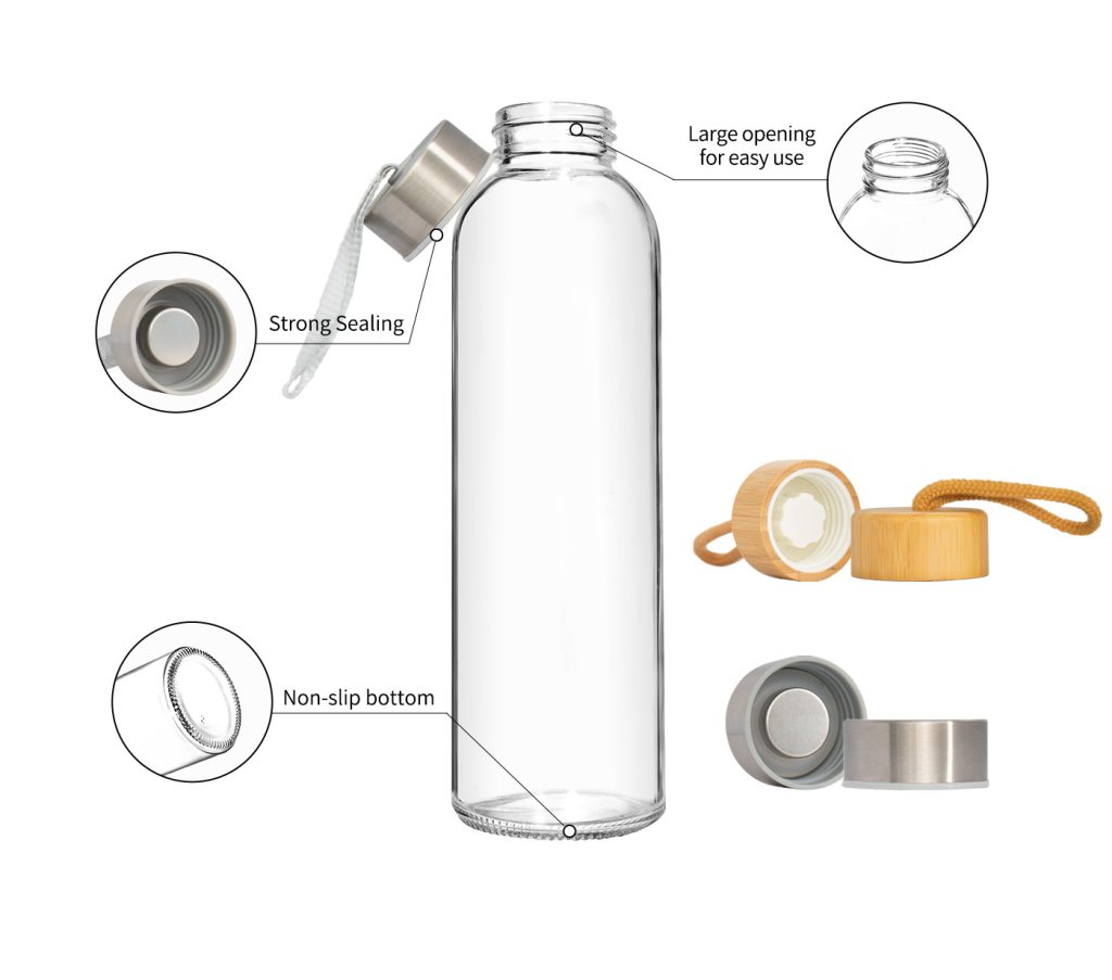 glass water bottle with wooden lid